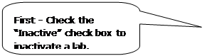 Rounded Rectangular Callout: First - Check the “Inactive” check box to inactivate a lab.