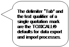 Rounded Rectangular Callout: The delimiter “Tab” and the text qualifier of a single quotation mark are the TOXICALL® defaults for data export and import processes.